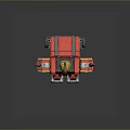 Red And Yellow Detailed Robot Model Standing On Black Base With Mechanical Design