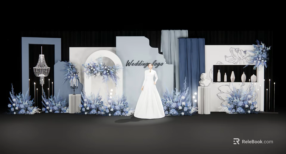 Wedding Photo Spot With Blue Floral Arch White Dress And Elegant Decorations 3d model 