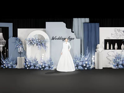 Wedding Photo Spot With Blue Floral Arch White Dress And Elegant Decorations 3d model