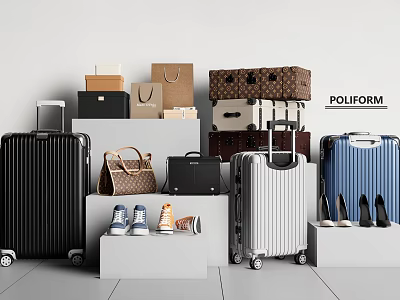 Stylish Luggage and Handbags Display with Black White Blue Hardshell Trolley Suitcases and Leather Designs 3d model