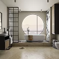 Modern Bathroom Interior Design With Round Window Freestanding Bathtub Vanity And Black Metal Partition