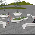 White Curved Landscape Seats In Outdoor Park With Circular Planters And Greenery