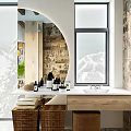 Hotel Bathroom With Floor to Ceiling Windows Mountain View Freestanding Bathtub Green Plants Pendant Lights