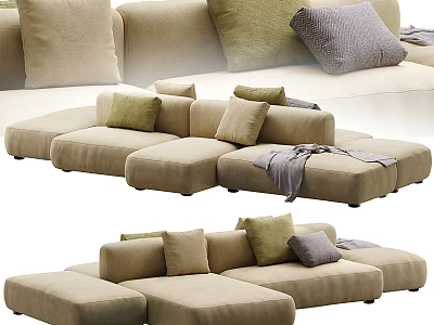 Beige Sectional Sofa With Multiple Plush Cushions Green Gray Decorative Pillows And Soft Throw Blanket 3d model