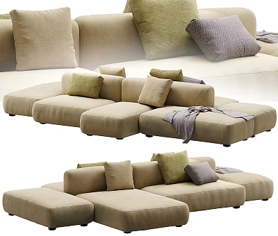 Beige Sectional Sofa With Multiple Plush Cushions Green Gray Decorative Pillows And Soft Throw Blanket 3d model