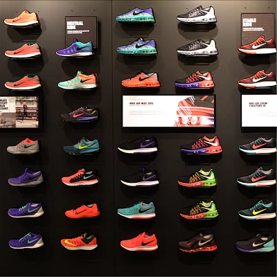 Modern Display Shelves Showcasing Colorful Stylish Sneakers In Retail Store 3d model