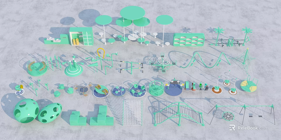 Green Outdoor Playground Equipment With Slides Swings Climbing Frames Rotating Structures And Interactive Designs 3d model 