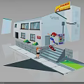 Two Characters In 3D Minimart Scene One Running Up Stairs And One Standing