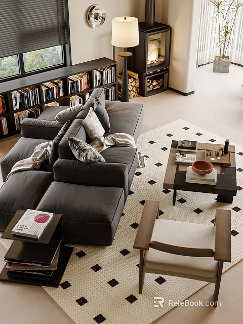 Gray Sectional Sofa with Throw Pillows Blanket Coffee Table and Bookshelves on Diamond Pattern Rug 3d model 