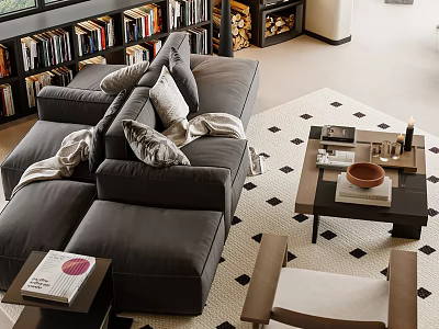 Gray Sectional Sofa with Throw Pillows Blanket Coffee Table and Bookshelves on Diamond Pattern Rug 3d model
