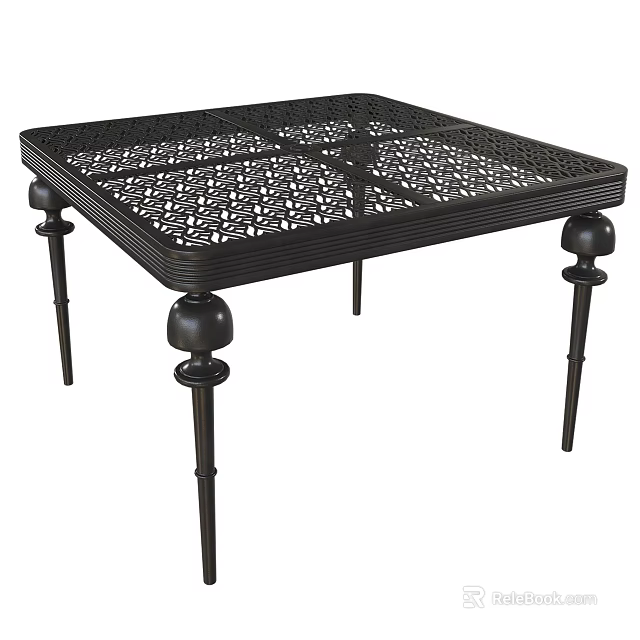 Black Metal Dining Table With Intricate Lattice Top And Decorative Ball Accent Legs 3d model 