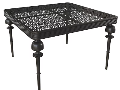 Black Metal Dining Table With Intricate Lattice Top And Decorative Ball Accent Legs 3d model