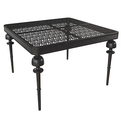Black Metal Dining Table With Intricate Lattice Top And Decorative Ball Accent Legs 3d model