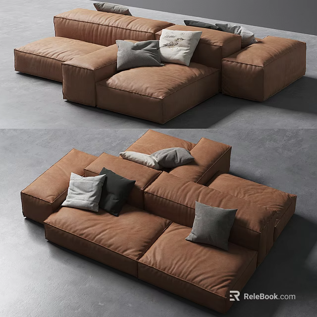 Modern Spacious Brown Leather Sectional Sofa With Gray White Black Pillows 3d model
