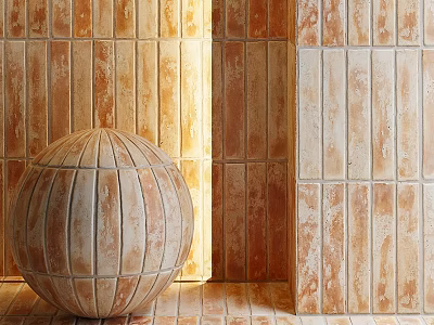 Spherical Terracotta Component With Patterned Surface And Textured Brick Wall Earthy Tones 3d model