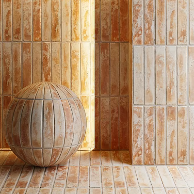 Spherical Terracotta Component With Patterned Surface And Textured Brick Wall Earthy Tones 3d model