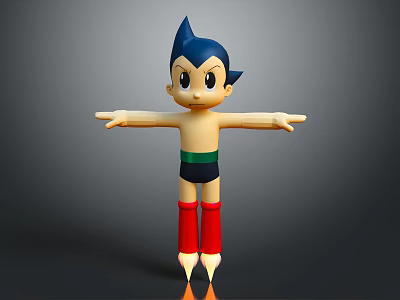 Classic Animated Game Character With Blue Spiky Hair Green Belt Red Rocket Boots And Outstretched Arms 3d model