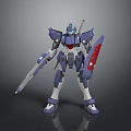 Game and Movie Character Futuristic Mech with Blue Purple Armor Red Shield and White Legs