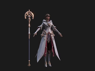 Game Film Character In Robed Staff Wielding Attire With Ornate Standing Pose 3d model