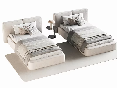 Modern Beige Single Beds with Gray Striped Bedding Patterned Pillows and Small Nightstand Table Lamp 3d model