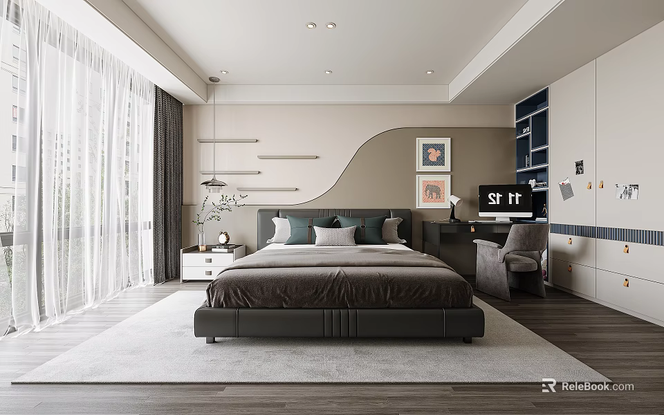 Modern Kids Room Interior Design With Bed Desk Decorative Paintings Window And Soft Carpet 3d model 