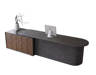 Modern Reception Desk With Dark Stone Countertop Brown Cabinets White Vase Twigs And Computer Monitor 3d model