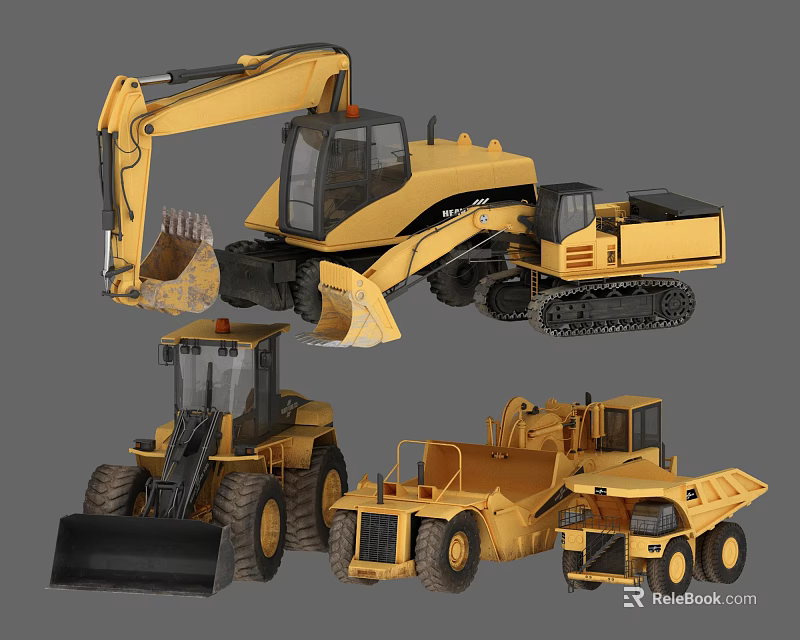 Yellow Heavy Duty Utility Vehicles With Excavator Loader And Dump Truck 3d model 