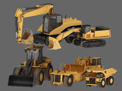 Yellow Heavy Duty Utility Vehicles With Excavator Loader And Dump Truck 3d model