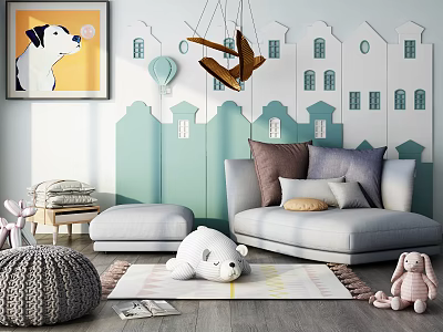 Kids Room Grey Sofa Set With Ottoman Stuffed Toys And House Pattern Wall 3d model