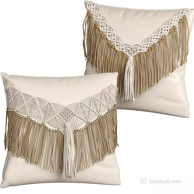 Soft Fabric Beige Decorative Cushions With Fringe Trim Knitted Pattern Tassel Accents 3d model 