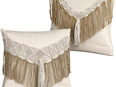 Soft Fabric Beige Decorative Cushions With Fringe Trim Knitted Pattern Tassel Accents 3d model