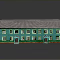 Green Building Featuring Gray Roof Multiple Windows Red Doors and Green Base Reflection