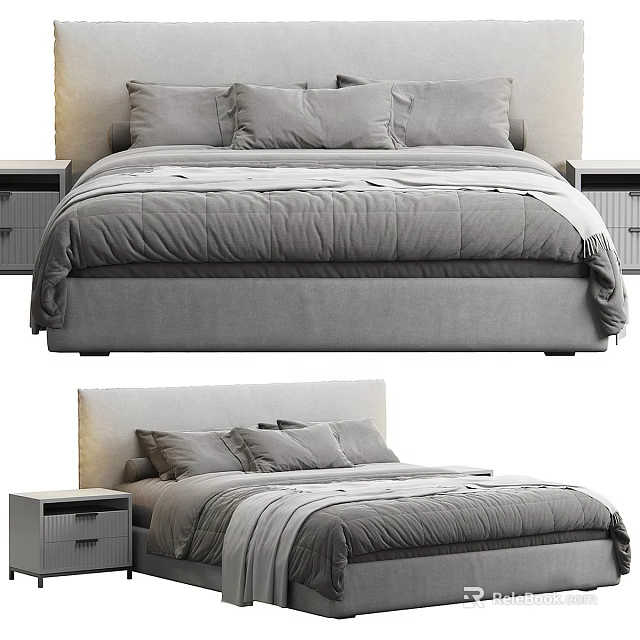 Soft Upholstered Double Bed With Gray Comforter Pillows And Matching Nightstands 3d model 