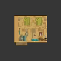 Cartoon Room Scene With Yellow Walls Green Decor Blue Windows Fireplace Rug Bed And Furniture