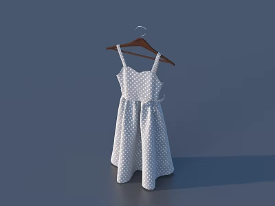 Casual White Polka Dot Spaghetti Strap Dress on Wooden Hanger 3d model