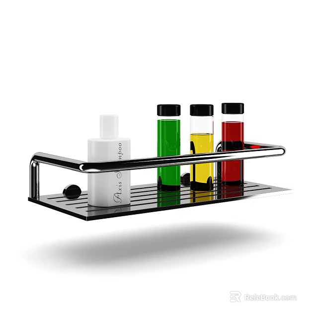 Modern Bathroom Set With Metal Shelf Hand Soap And Colorful Bottles 3d model 