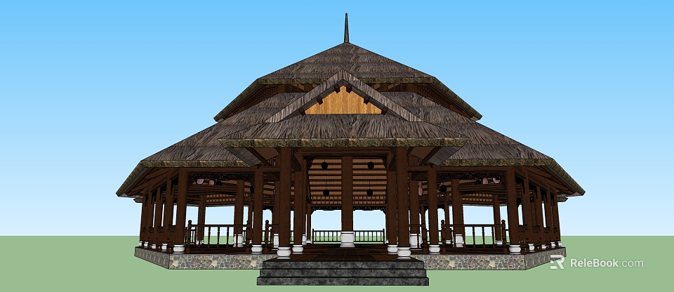 Traditional Pavilion Featuring Wooden Structure Thatched Multi Layered Roof And Steps 3d model 