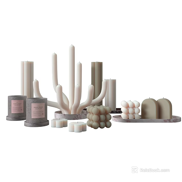 Minimalist Decorative Ornament Set With Various Shaped Candles Neutral Colors And Marble Trays 3d model 