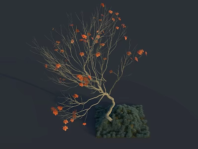 Bent Tree With Orange Leaves And Green Shrubs On Dark Background 3d model