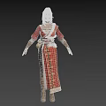 Woman In Traditional Red Long Dress With Decorative Belt And Leather Boots