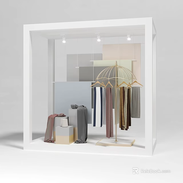 Stylish Shop Window Display With Lighting Colorful Panels Golden Hanger Hanging Clothes And Folded Fabrics 3d model 
