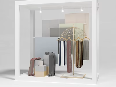 Stylish Shop Window Display With Lighting Colorful Panels Golden Hanger Hanging Clothes And Folded Fabrics 3d model