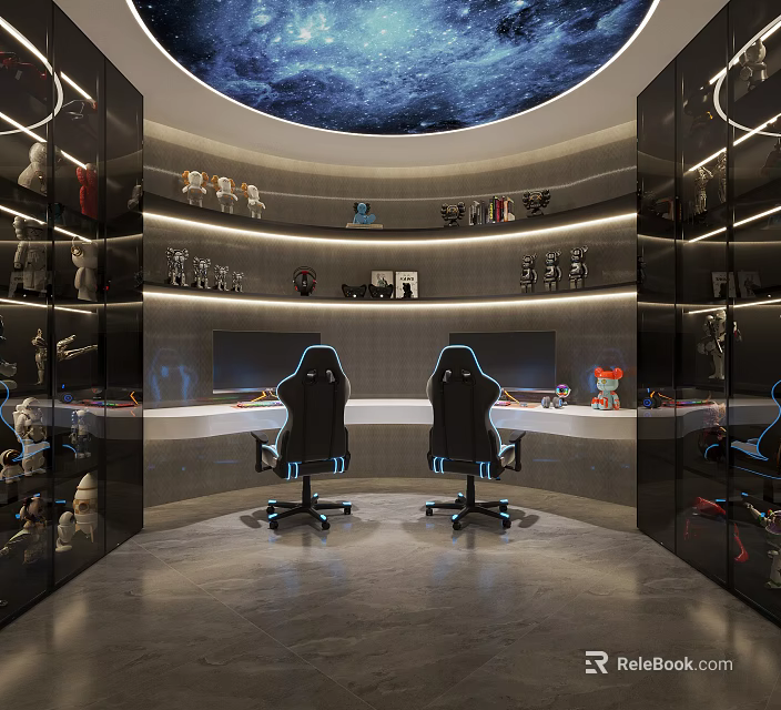 Modern Gaming Room Featuring Two Gaming Chairs Circular Ceiling Display Shelves Collectible Figures 3d model 