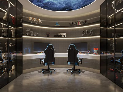 Modern Gaming Room Featuring Two Gaming Chairs Circular Ceiling Display Shelves Collectible Figures 3d model