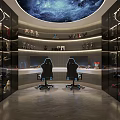 Modern Gaming Room Featuring Two Gaming Chairs Circular Ceiling Display Shelves Collectible Figures
