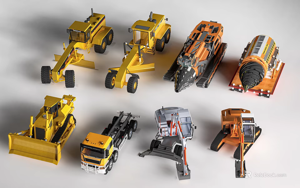 Various Utility Vehicle Model Toys Featuring Yellow And Orange Construction Types 3d model 