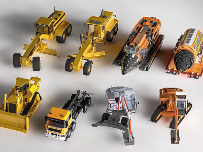 Various Utility Vehicle Model Toys Featuring Yellow And Orange Construction Types 3d model