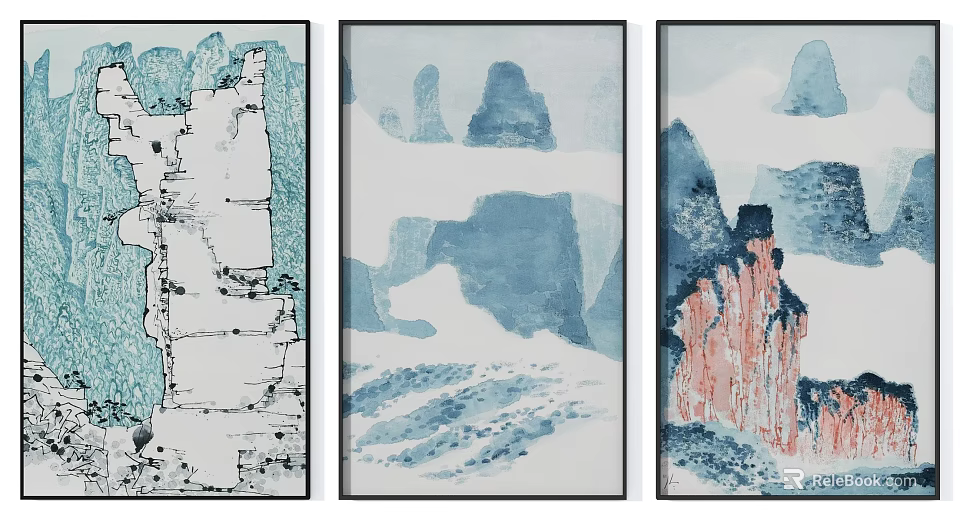 Oriental Landscape Ink Paintings With Blue Red Mountain And Cloud Patterns For Wall Decor 3d model