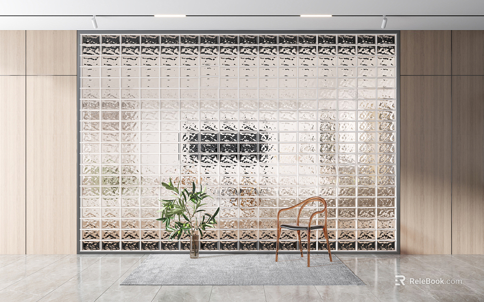Decorative Glass Block Wall With Wooden Panels Green Plant Wooden Chair And Gray Rug 3d model 