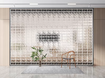 Decorative Glass Block Wall With Wooden Panels Green Plant Wooden Chair And Gray Rug 3d model